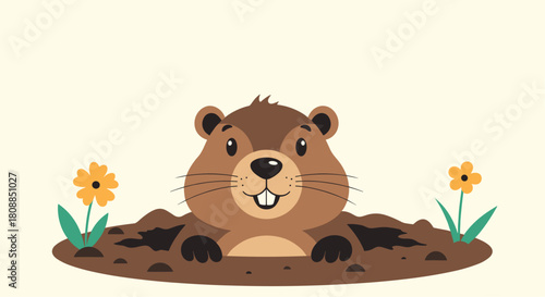 A cheerful groundhog peeks out from its burrow surrounded by wildflowers, creating a whimsical springtime scene perfect for seasonal illustrations.