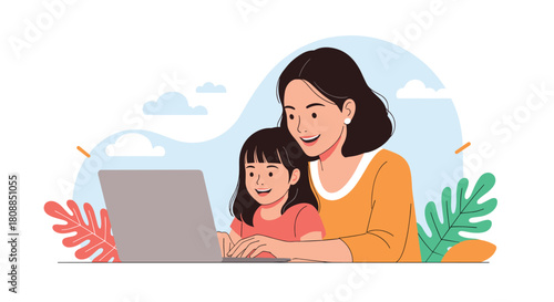 A smiling mother and daughter are happily using a laptop together, enjoying quality time and learning in a bright, cheerful home environment.