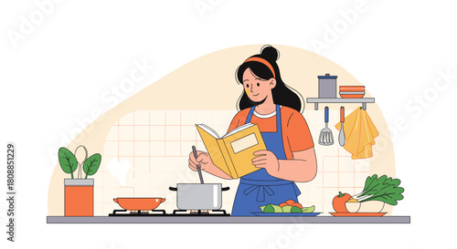A young woman cheerfully cooks in her kitchen, referencing a cookbook while stirring a pot on the stove, surrounded by fresh vegetables.