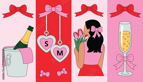 Four panel illustration of celebration elements including champagne bottle in ice bucket heart pendants with letters S and M woman holding tulips champagne glass with bow