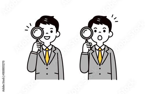 虫眼鏡を持って分析する、スーツを着た若い男性のシンプルな上半身ベクターイラスト素材