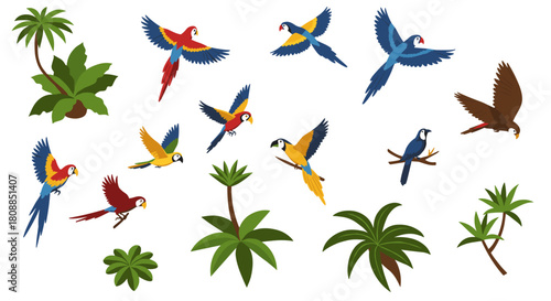 Vibrant tropical birds and lush foliage in flight
