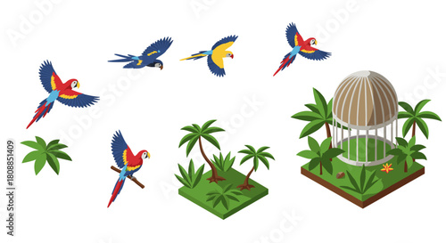Colorful parrots flying in isometric jungle scene with palm trees and aviary