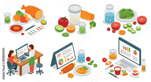 Healthy eating and data analysis scenes in isometric style with fresh ingredients