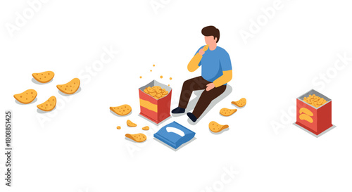 Person enjoying chips: isometric design of man eating snack with packing