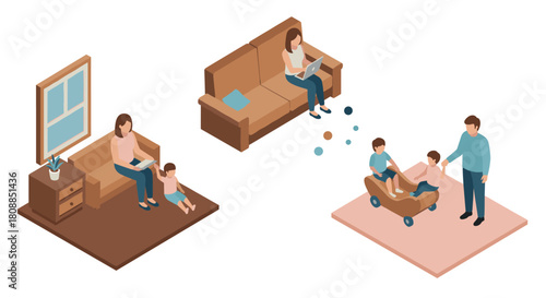 Isometric family fun: parents with kids at home
