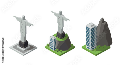 Isometric landmark with modern buildings and nature elements