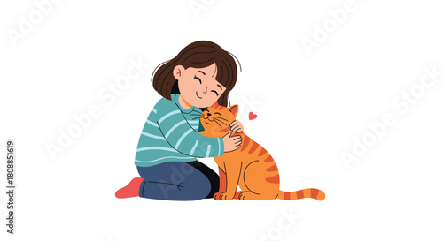 A young girl lovingly embraces a ginger tabby cat, showcasing a heartwarming bond of friendship and affection between a child and her pet.