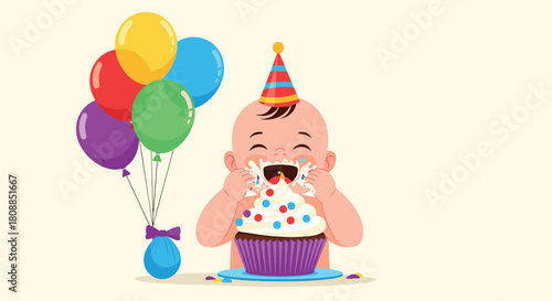 Adorable baby joyfully devours a large frosted cupcake while wearing a party hat, surrounded by colorful balloons and confetti, celebrating a first birthday.