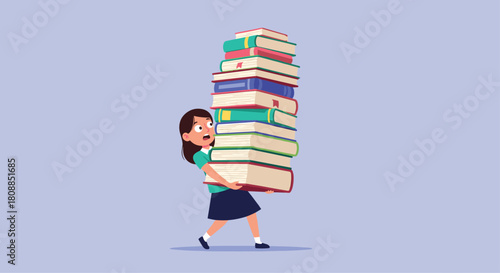 Overwhelmed student struggles under a massive stack of books, illustrating academic pressure and the challenges of education and learning.