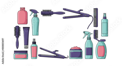 Colorful assortment of hair care products and styling tools arranged in a decorative frame, perfect for beauty and wellness concepts.