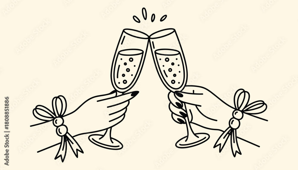 Αυτοκόλλητο Two hands holding champagne glasses clinking together with bubbles and bows on w