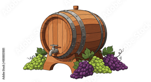 A wooden wine barrel with a spigot rests among bunches of green and purple grapes, suggesting a vineyard or winery setting and the process of winemaking.