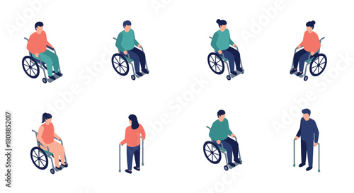 Diverse characters with disabilities in isometric style for accessibility awareness