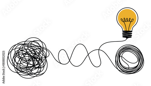 Yellow light bulb with tangled black wire leading to a chaotic scribble and a neat coil idea concept