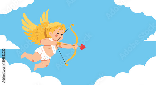 Chubby cherubic cupid flying through the clouds with a golden bow and arrow aimed at a red heart, a whimsical illustration for Valentine's Day.