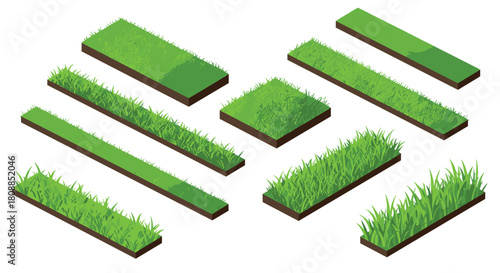 Isometric green grass turf blocks for landscaping and game design