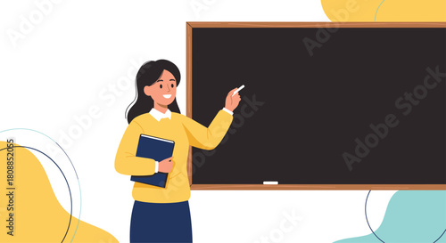 A cheerful female teacher stands in front of a blackboard, holding a book and pointing with a marker, illustrating education and learning concepts.