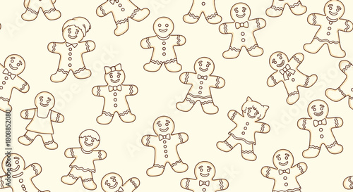 Seamless pattern featuring hand-drawn gingerbread people in various poses, decorated with icing details, on a light beige background.