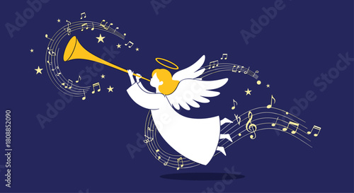 An angel plays a golden trumpet surrounded by swirling musical notes and twinkling stars against a deep blue background, evoking a sense of celestial joy.