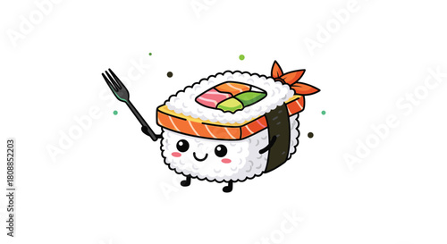 Adorable cartoon sushi roll character with a cheerful expression and tiny legs, holding a fork, perfect for food-themed illustrations and designs.