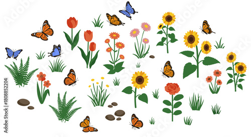Colorful garden with butterflies and diverse flowers in a flat design