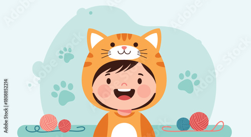 A cheerful young child dressed in an adorable orange tabby cat costume smiles brightly, surrounded by playful yarn balls and paw prints.