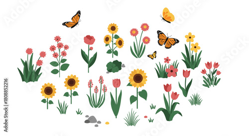 Colorful garden blooms and butterflies collection: floral elements and nature beauty