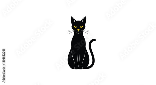 A sleek black cat sits attentively with bright yellow eyes, a classic silhouette against a plain white background, evoking mystery and elegance.
