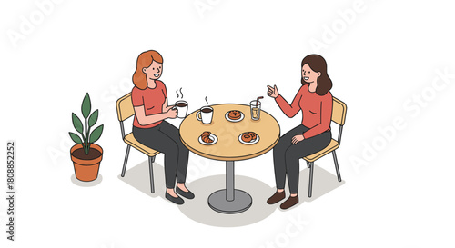 Two women enjoying coffee and pastries at a cafe table with plant decor