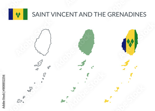Saint Vincent and the Grenadines geographical borders isolated on white background. Flag of Saint Vincent and the Grenadines. Vector flat cliparts.