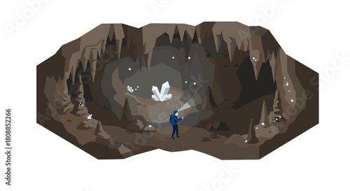 Adventurer exploring crystal cave with flashlight in isometric design
