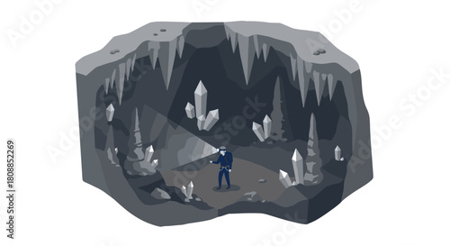 Explorer in crystal cave with flashlight in isometric design