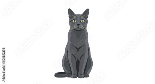 A sleek gray cat with striking green eyes sits attentively, looking forward with a calm and focused expression, a beautiful feline portrait.