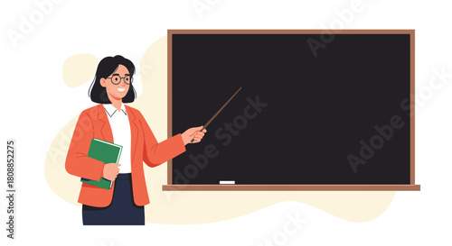 A smiling female teacher stands in front of a blackboard, holding a pointer and books, illustrating education and learning concepts.