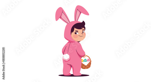 A cheerful young child dressed in a pink bunny costume holds a woven basket filled with colorful Easter eggs, looking over their shoulder with a smile.