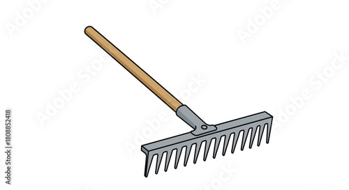 A garden leaf rake with a long wooden handle and metal tines is shown against a white background, ideal for autumn yard work and landscaping.