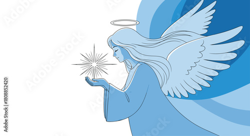 A serene angel with flowing hair gently holds a radiant star in her outstretched palm, bathed in soft blue light, evoking peace and hope.