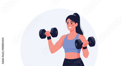 A smiling young woman exercises with dumbbells, demonstrating strength training and a healthy lifestyle in a modern illustration style.