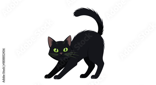 A sleek black cat stretches its front paws forward, displaying a playful and curious posture with bright green eyes and a bushy tail.