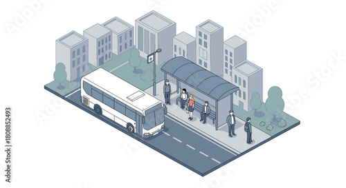 Isometric city scene with bus stop and commuters waiting in urban environment