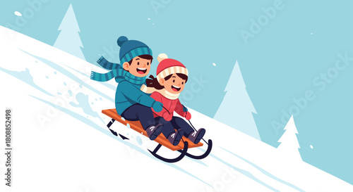 Two cheerful children are enjoying a fast-paced sledding adventure down a snowy hill on a bright winter day, full of laughter and joy.