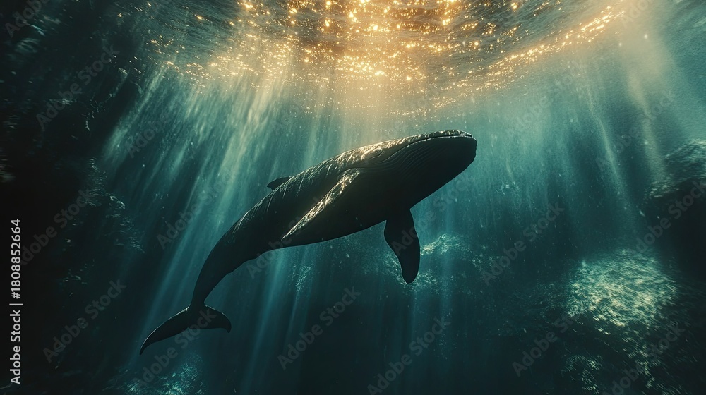 Fototapeta premium Majestic Humpback Whale Swimming Gracefully in Sunlit Ocean Depths.