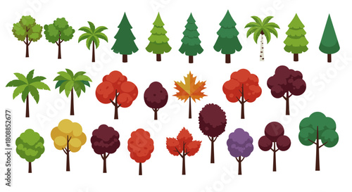 Diverse cartoon trees collection: seasonal variety in flat design