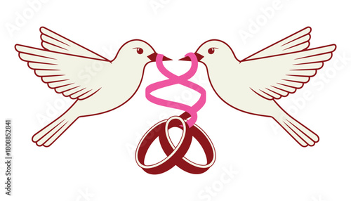 Two cream colored doves holding a pink ribbon and wedding rings in their beaks bird