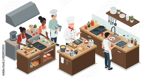 Isometric kitchen scene with chefs preparing gourmet dishes in modern culinary setting