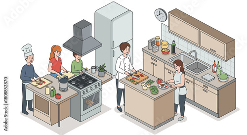 Isometric kitchen scene with chefs and cooks preparing fresh meals together