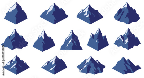 Set of 3d mountain peaks icon collection with snowy summits and geometric design
