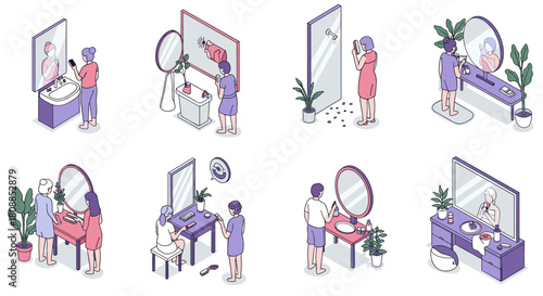 Isometric bathroom mirror reflections: daily routines in soft pastel shades