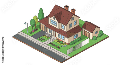 Charming isometric suburban house with garden and garage on a quiet street